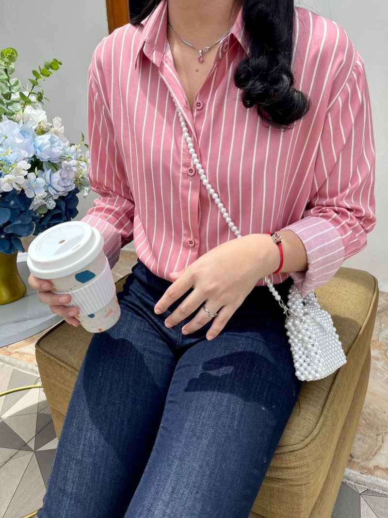 Kemeja H m Wanita Motif Stripe Pink