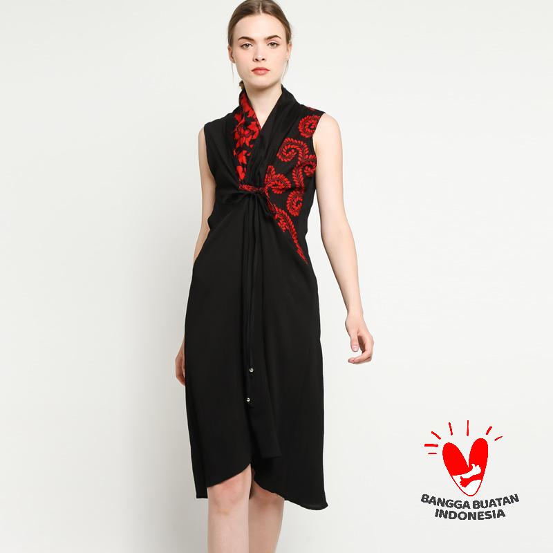 Midi Dress Batik Wanita Tanpa Lengan Kutung Gesyal Hitam Merah