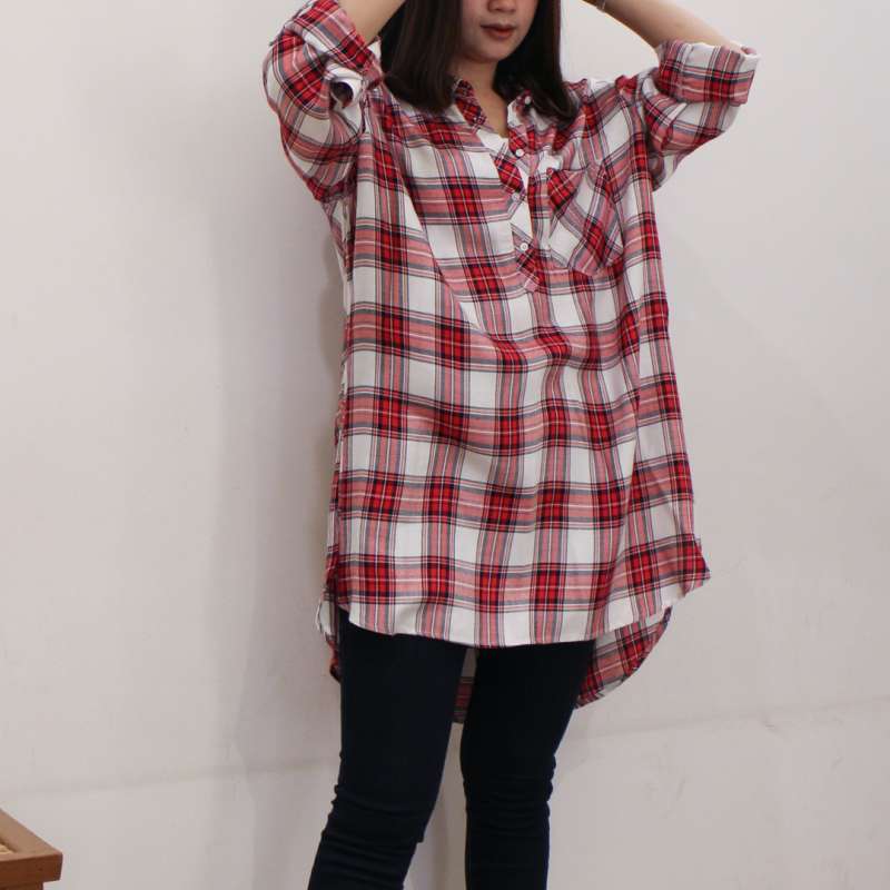 Red Rayon Plaid Shirt Dress Women di 