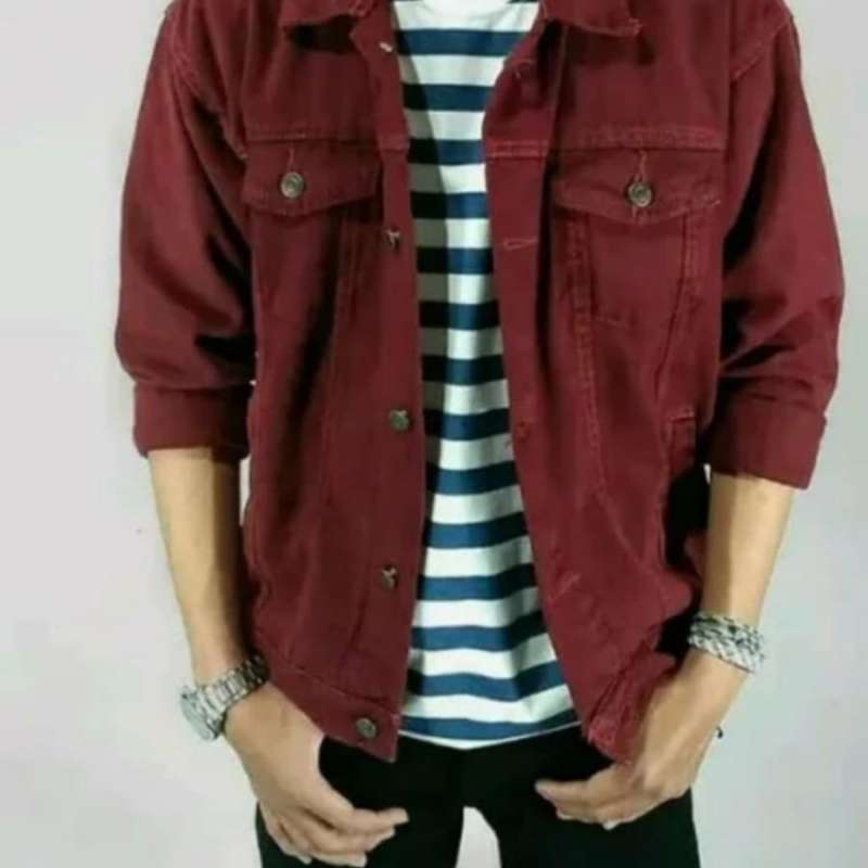 Jaket denim maroon shop