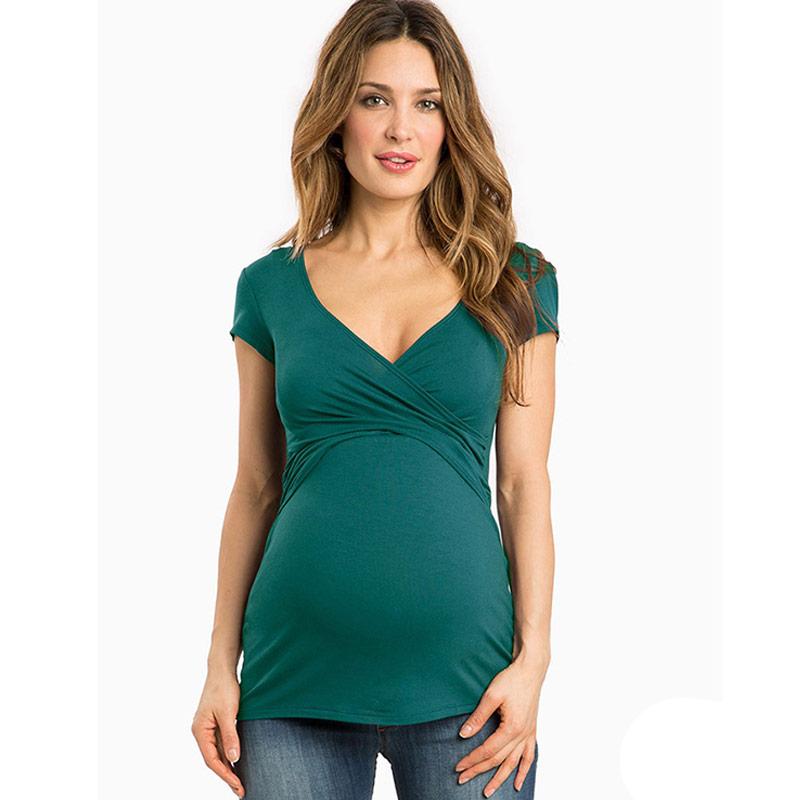FORUU 2020 New Cute Maternity Shirts Summer Pregnant O-Neck Short Sleeve Solid Nursing Shirts for Breastfeeding
