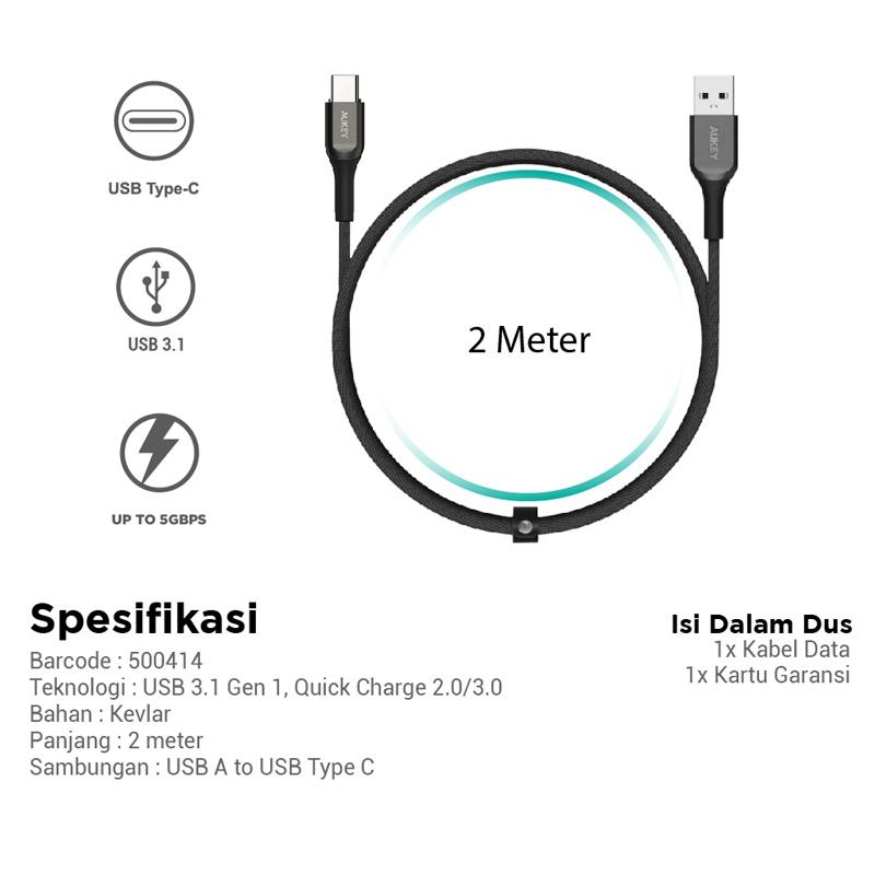 Jual Aukey 500414 Kevlar Usb A To Usb C Qc 3 0 Data Cable Black