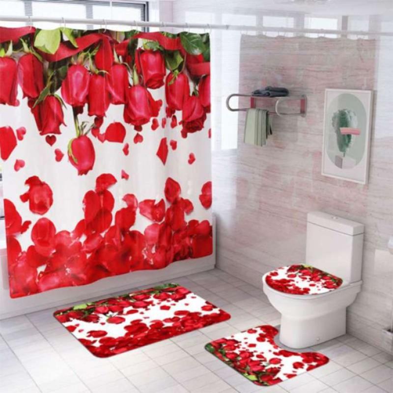 Jual Oem Red Rose Bathroom Set Shower Curtain With Rug Mat Toilet Lid Cover Online Januari 2021 Blibli