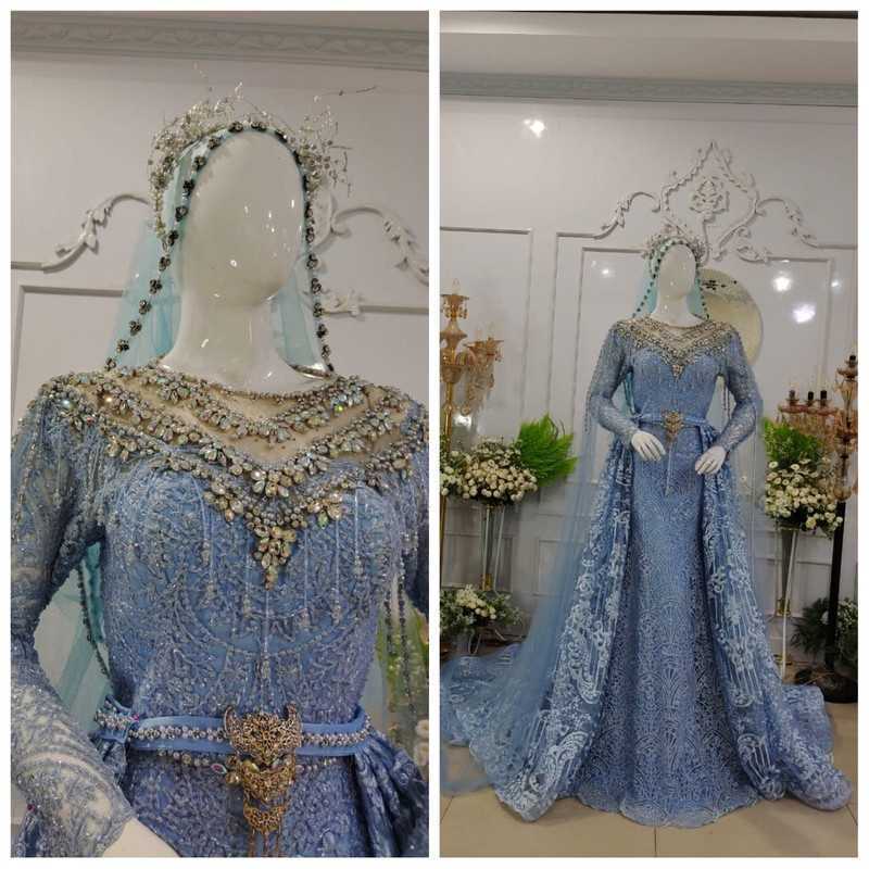 Baju pakaian gaun pengantin busana pernikahan wanita gown dress wedding  dress slim span muslim perempuan hijab kebaya pernikahan warna biru denim