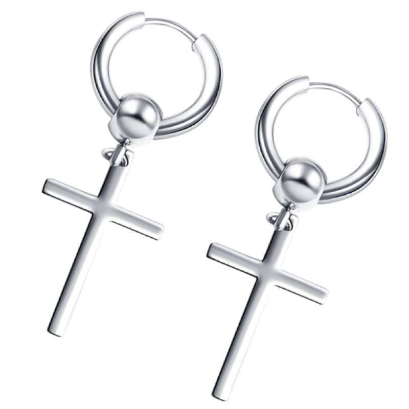 Silver Cross Dangle Hoop Earrings 