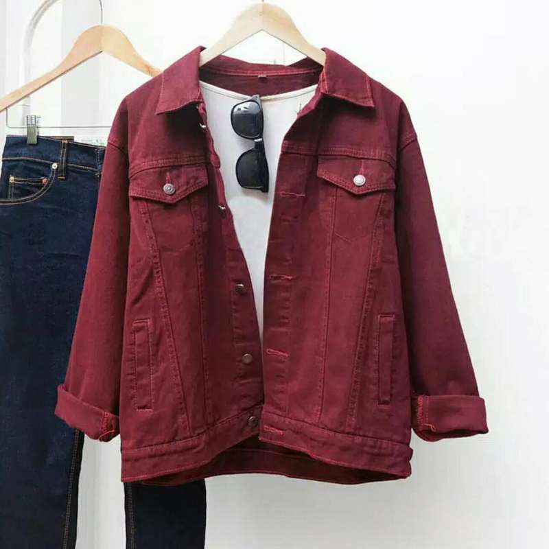 Jual jaket denim wanita maroon premium 