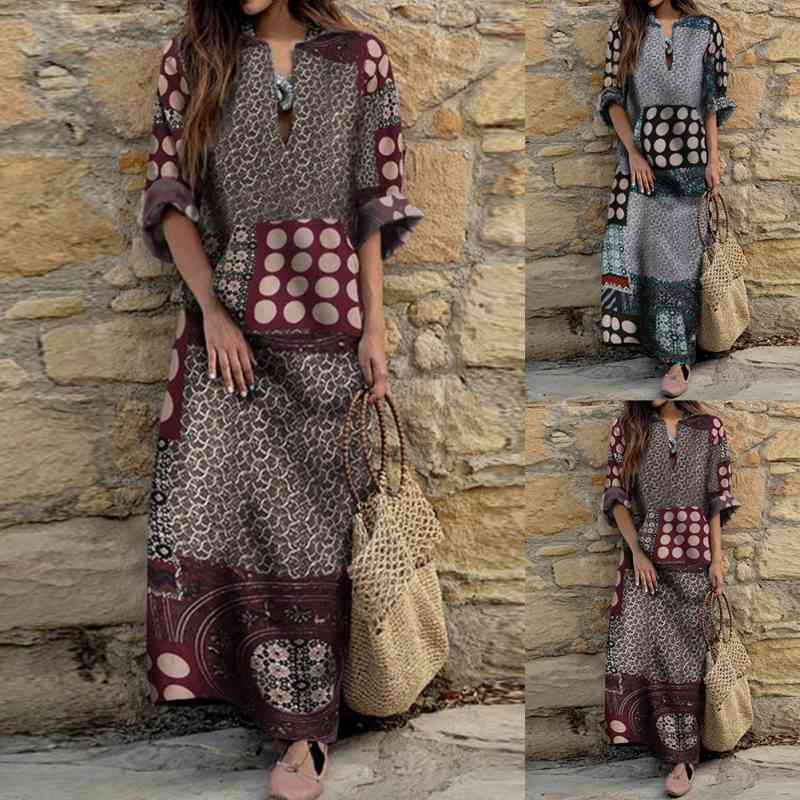 V Neck Patchwork Ethnic Floral Print 