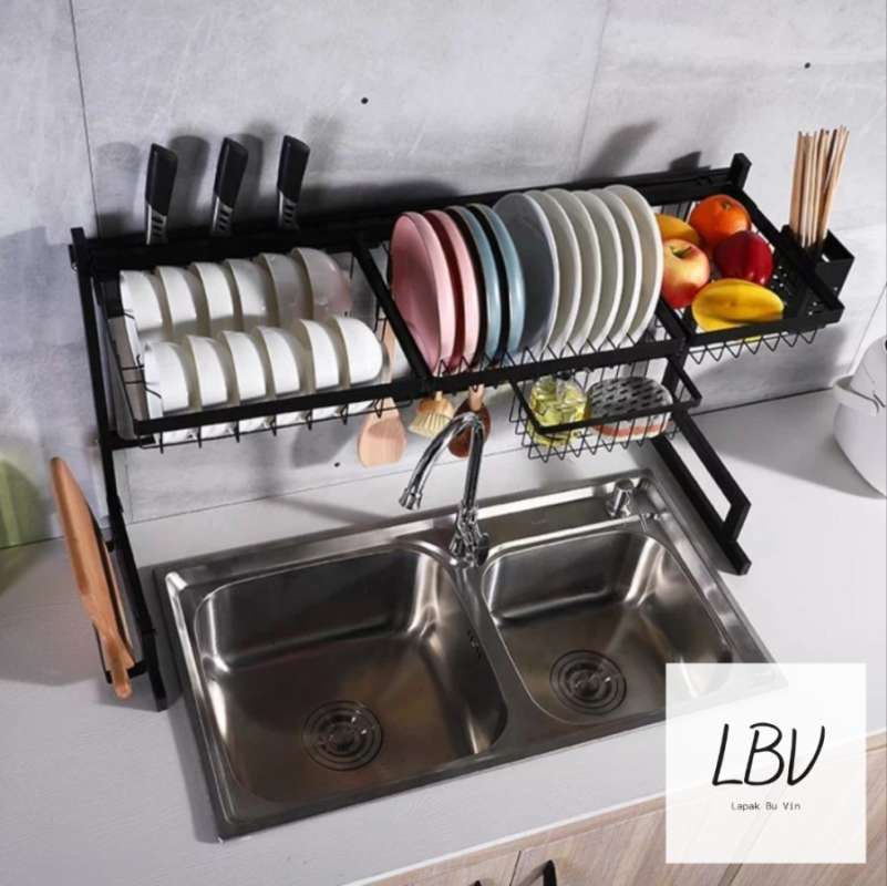 Jual Rak Cuci Piring Atas Wastafel Stainless Hitam 2 Susun Piring Gelas 65cm Terbaru Juni 2021 Blibli