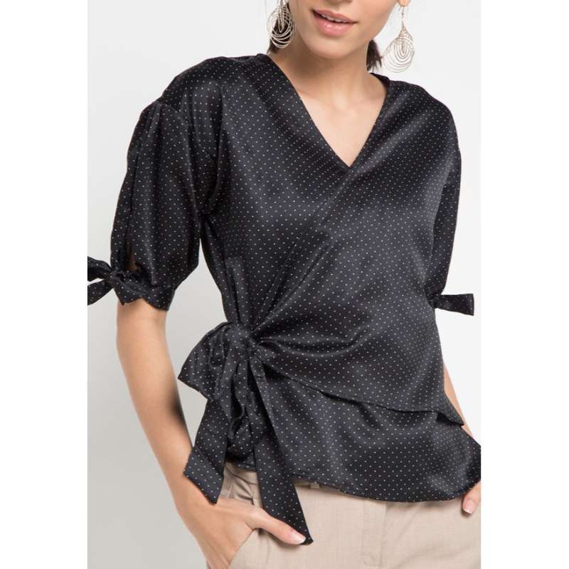 EDITION WOMEN EB124 BLACK Dot Wrap Top 