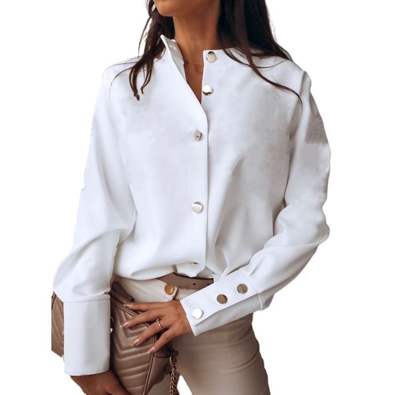 Button Tops and Blouses Stand Collar 