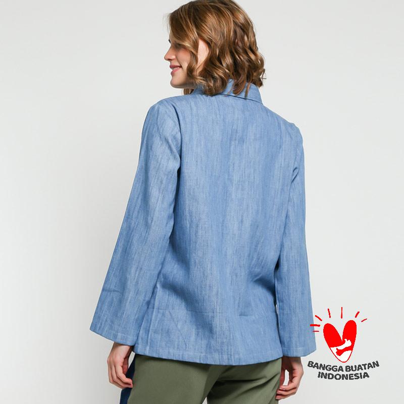 blue shirt and grey blazer