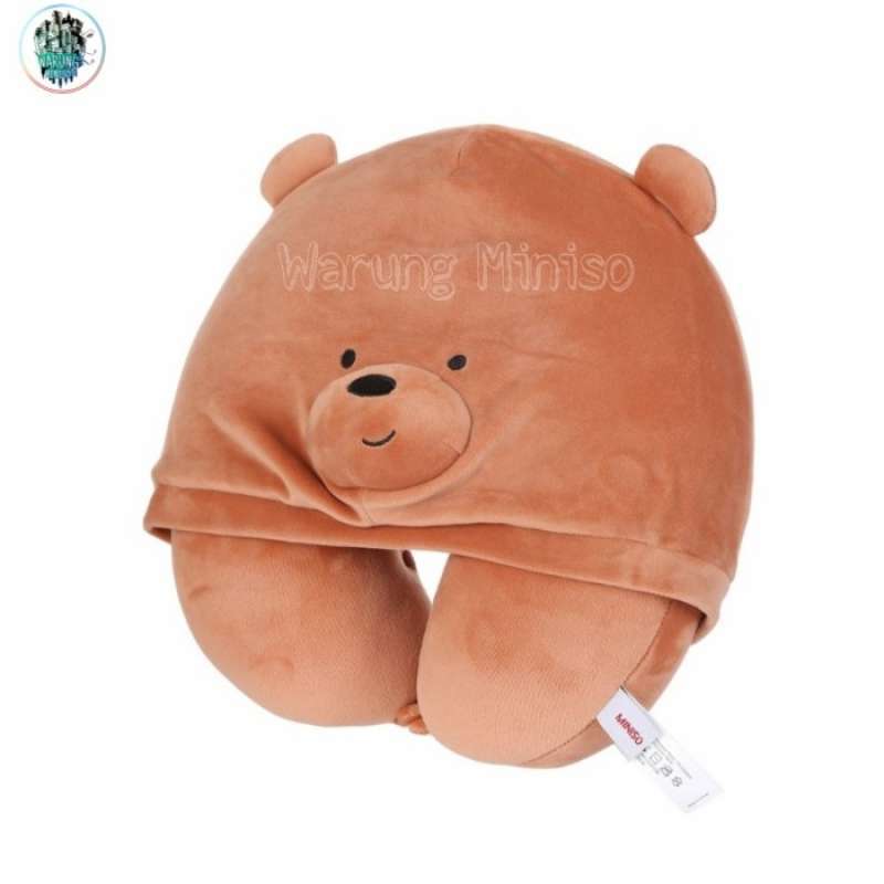 Miniso We Bare Bears U Shaped Pillow With Hoodie Bantal Leher Lucu  Grizzly ORIGINAL 100