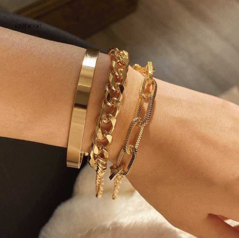 Jual GELANG WANITA CHAIN GOLD 3IN1 SET 