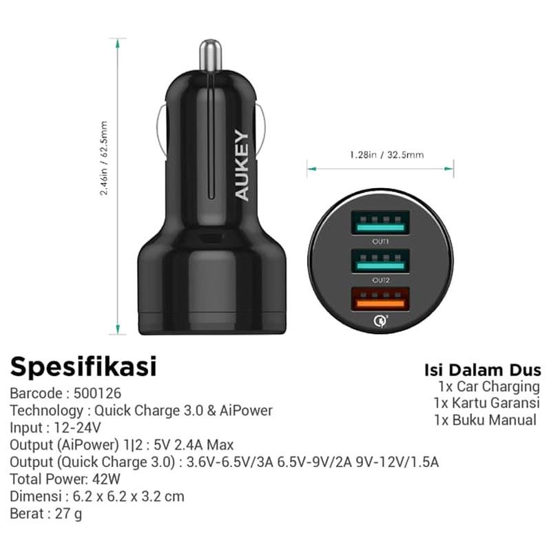 Jual Aukey 500126 Car Charger 3 Ports 42w Qc 3 0 Aiq Online