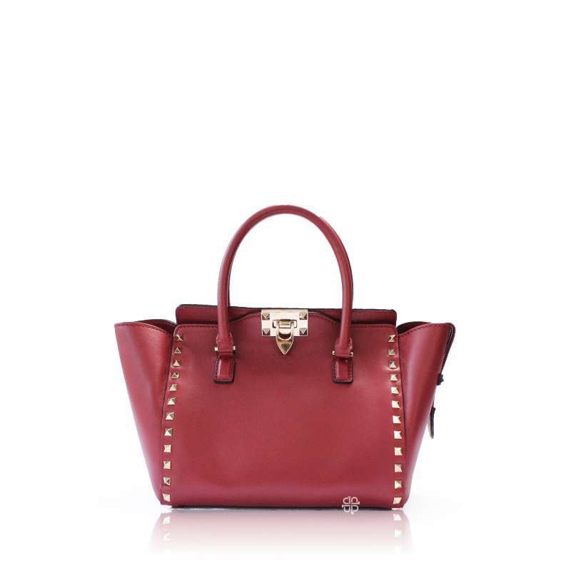 Valentino Red Calfskin Leather Rockstud Double Handle Tote Bag