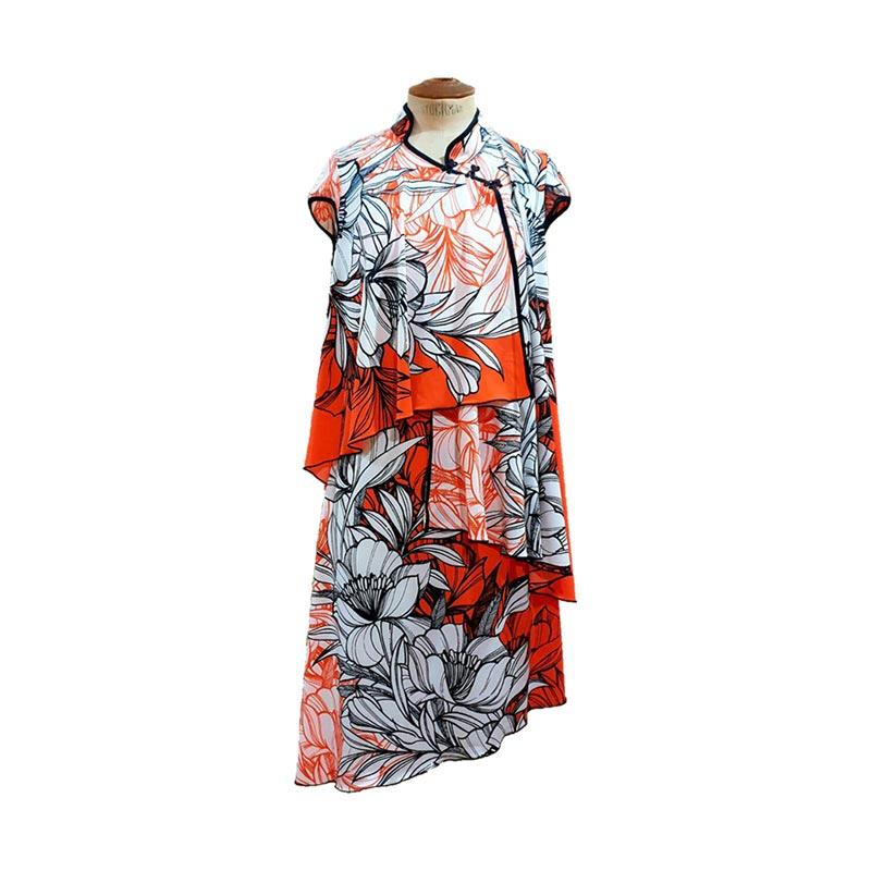 black dress orange flowers