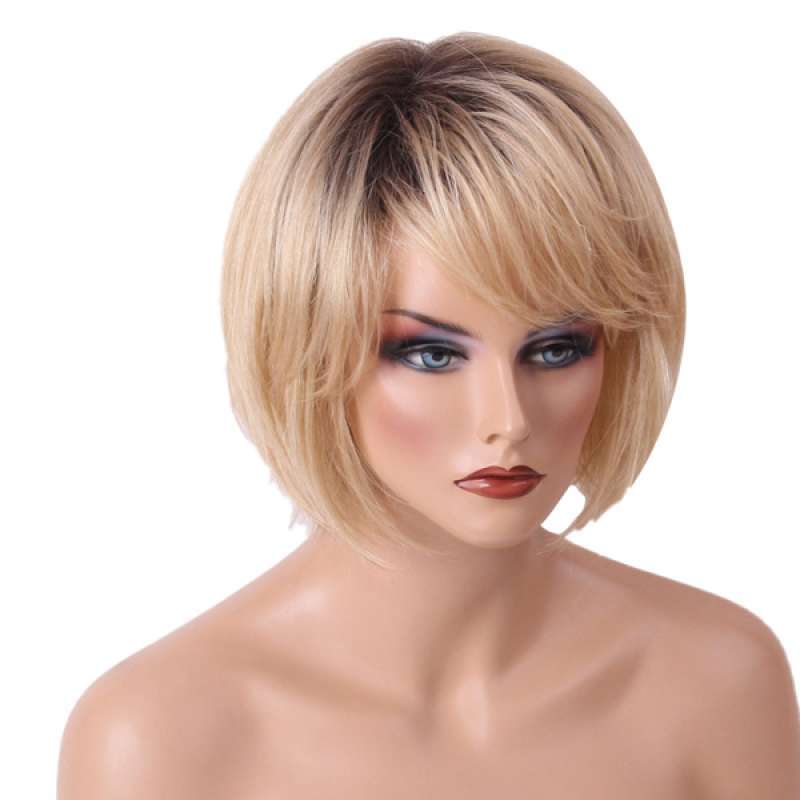 Jual Oem Lady Real Human Hair Wig With Bangs Blonde Bob Hairpiece Oblique Bangs Heat Safe Online November 2020 Blibli
