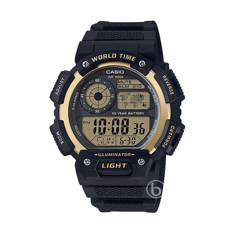 Promo CASIO Illuminator Jam Tangan Pria Black Gold Original AE