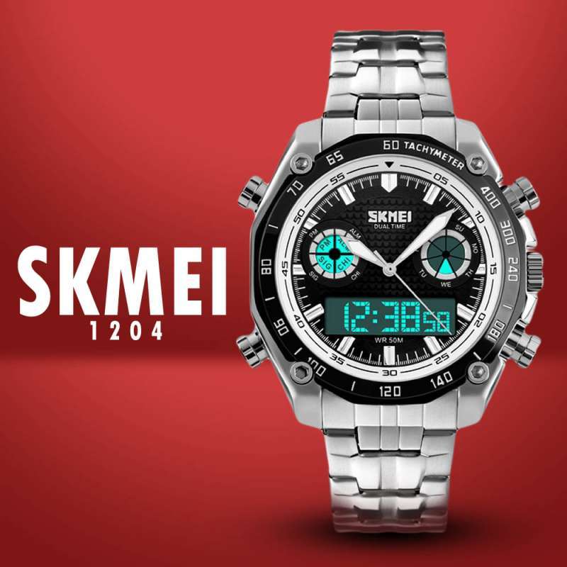 Promo Jam Tangan Formal Pria Dual Time Stainless Steel SKMEI 1204