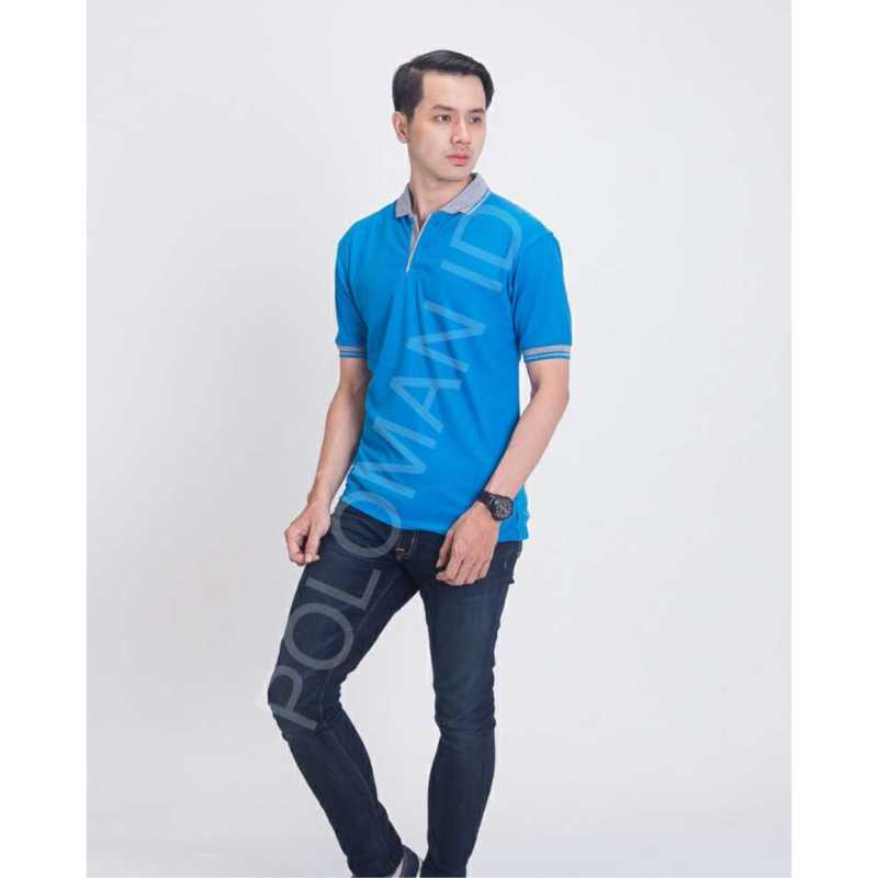 BAJU KAOS KERAH POLO SHIRT PRIA BIRU AQUA KERAH KOMBINASI POLOS