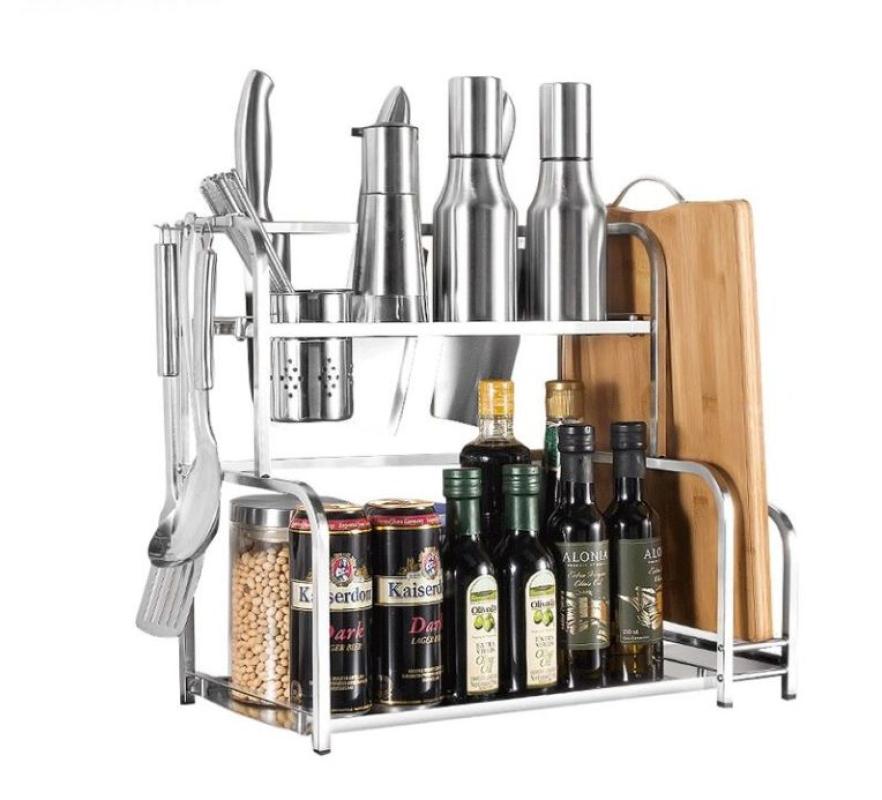 Rak Dapur Stainless Steel Dua Tingkat Rak Bumbu Dapur Rak Pisau Peralatan Masak