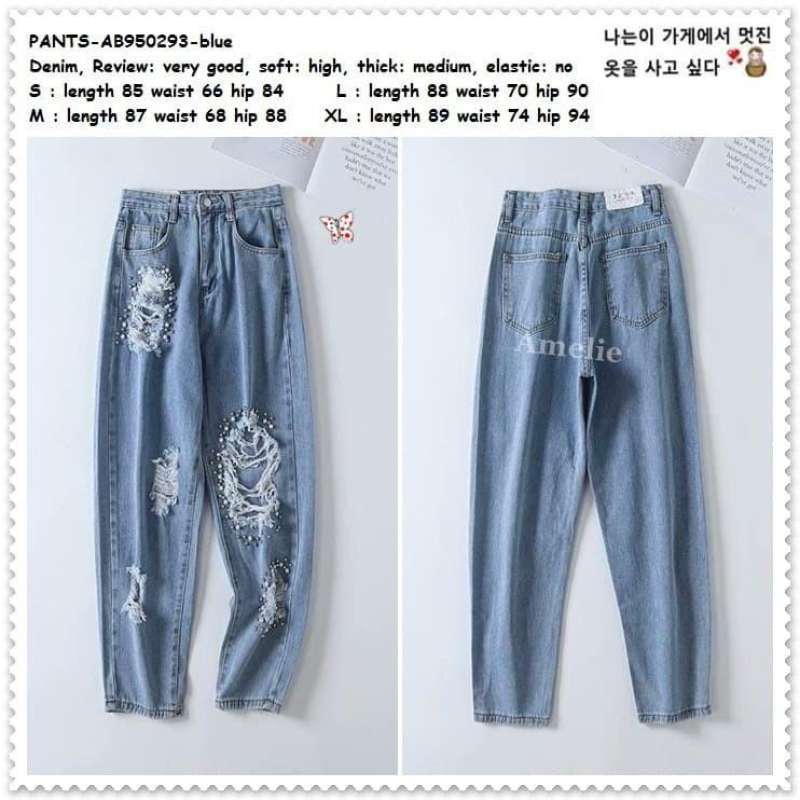 Jual Ab950293 Celana Denim Boyfriend Ripped Jeans Sobek Wanita
