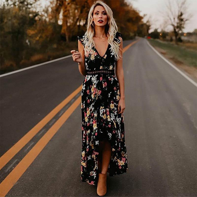 floral deep v neck backless maxi dress