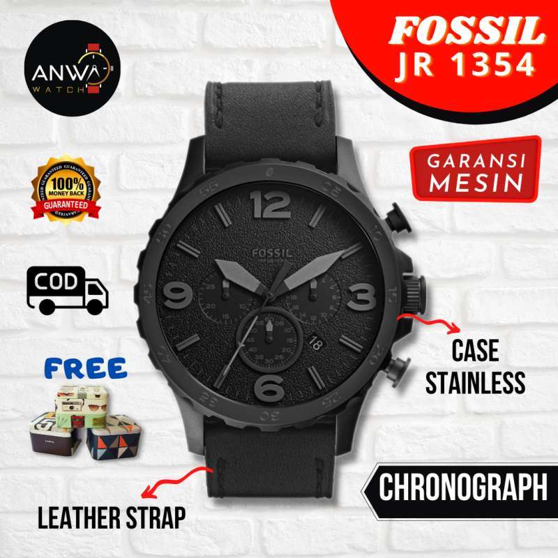 JAM TANGAN PRIA COWOK FOSSIL FOSIL JR 1354 JR1354 NATE CHRONOGRAPH TALI KULIT HITAM ORIGINAL