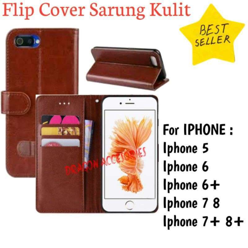 Jual Flip Kulit iPhone SE 5s 6+ 7+ 8+ Leather Case Sarung