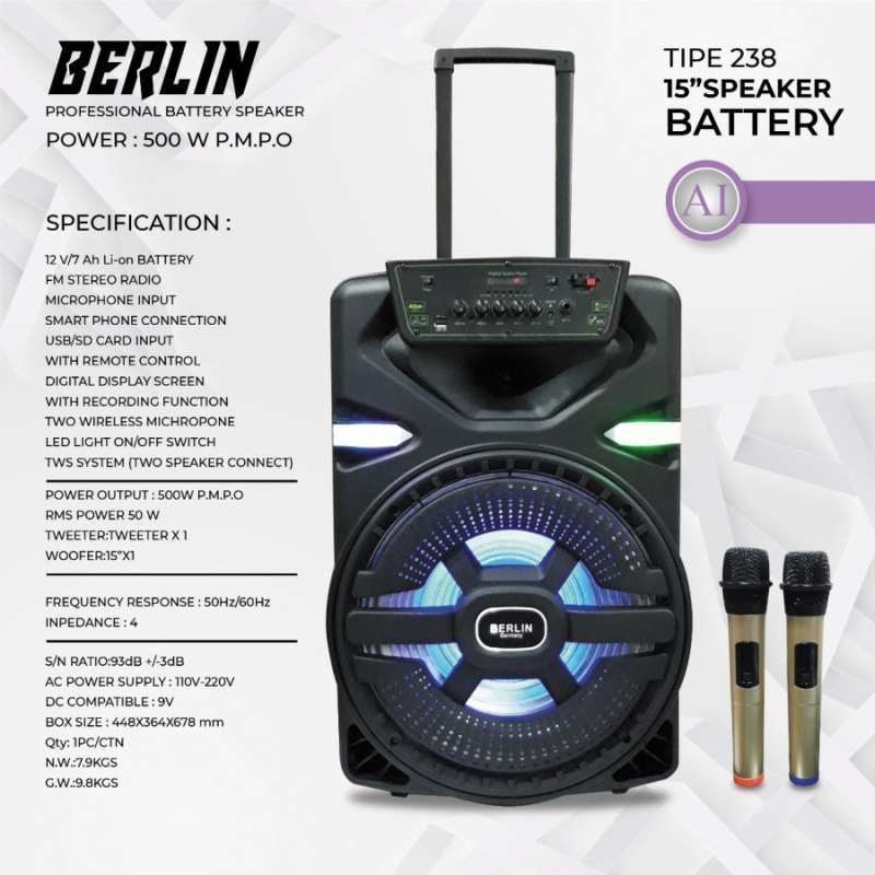 SPEAKER AKTIF 15 INCH BERLIN SM 238 15 USB BLUETOOTH TROLLEY SPEAKER