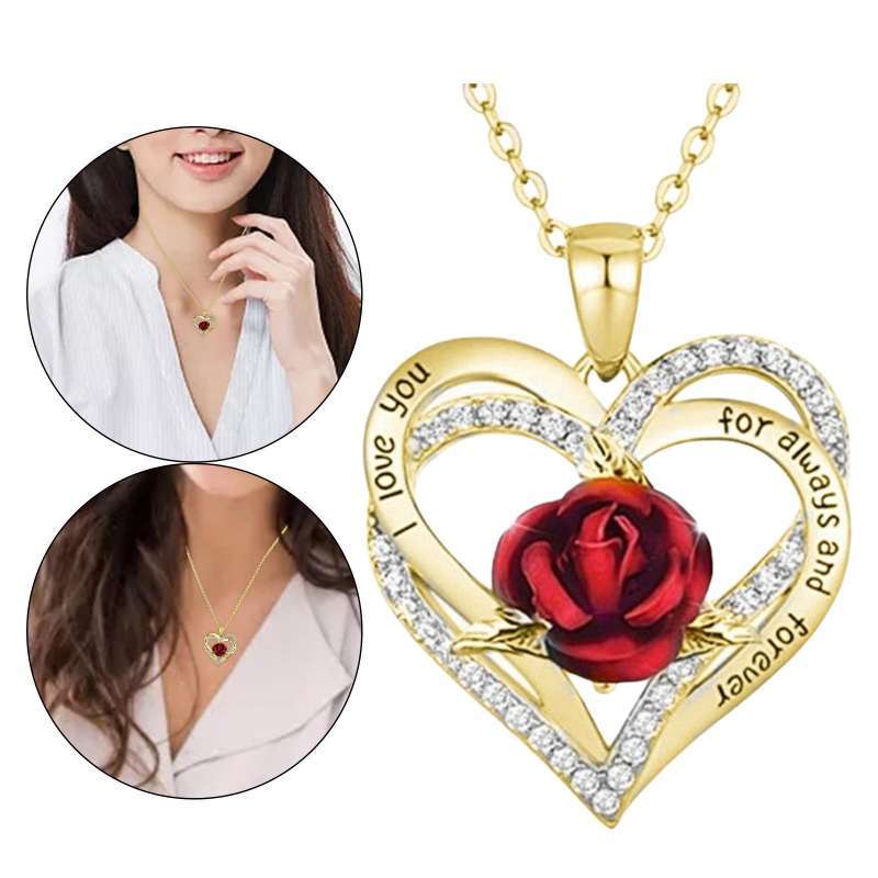 Promo Love Heart Rose Pendant Necklace 