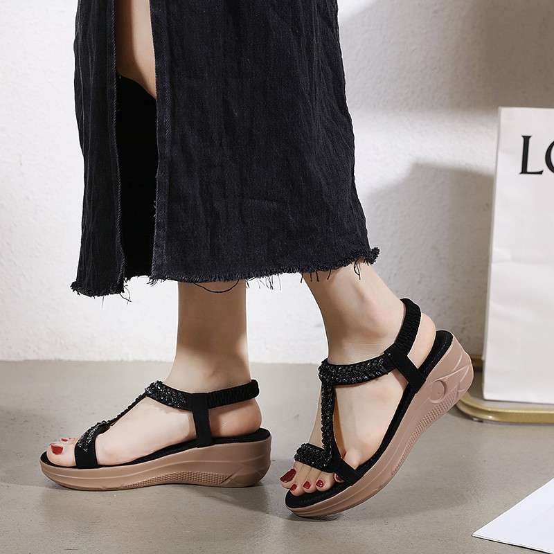 Jual SANDAL WEDGES WANITA IMPORT PREMIUM ELLORA 40 Black di