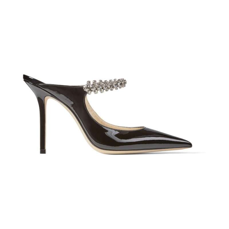 Jimmy Choo Bing 100 Crystal Strap Patent Leather Heels Black