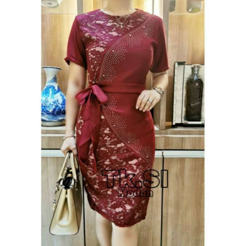 Jual Gratis Ongkir Dress Pesta Modis Scuba Mix Brokat Tali Samping