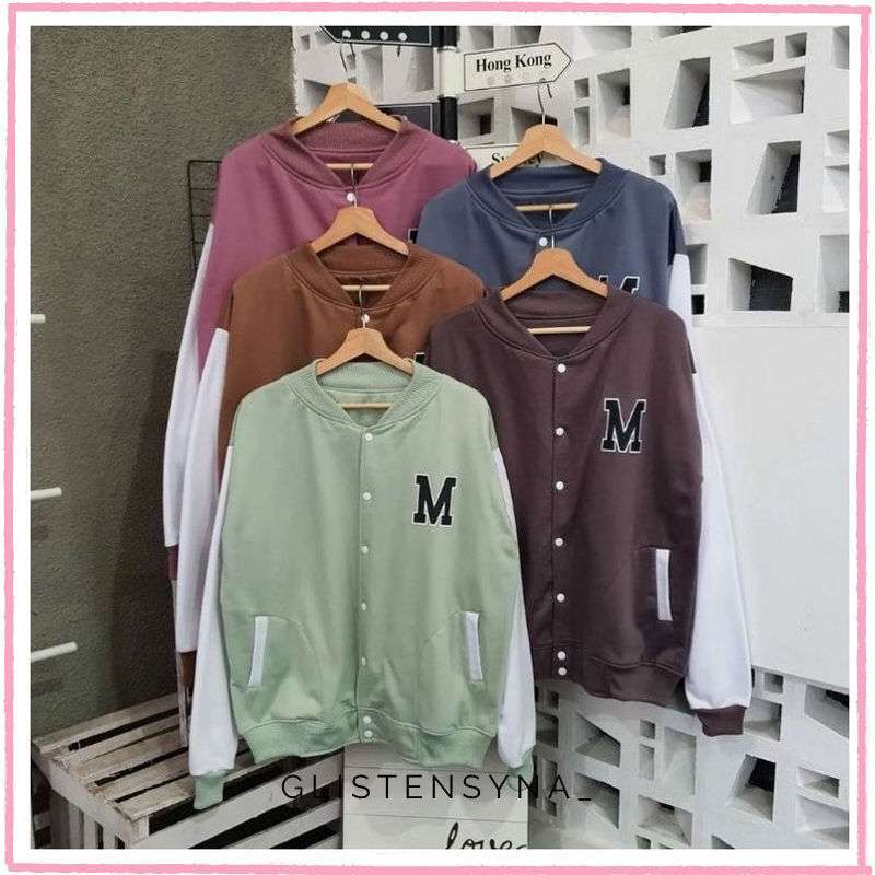 Jual sweater jaket pria wanita Sablon M Basebal Jacket Size