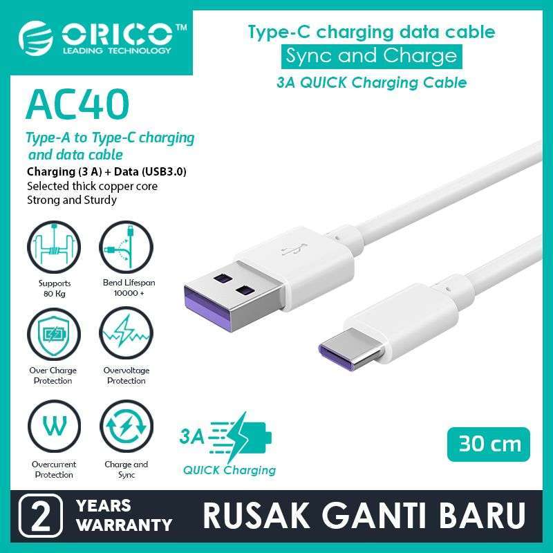 Jual Orico Ac40 03 Type C Quick Charge Data Cable 3a 30 Cm