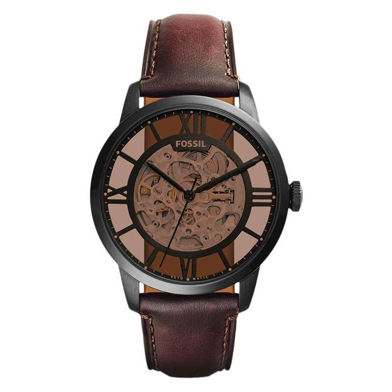 Fossil ME3098 Townsman Brown Skeleton Dial Dark Brown Leather Strap Watch  Machtwatch