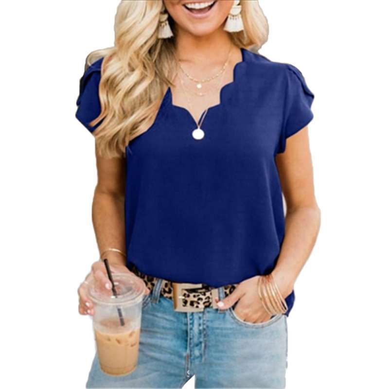 Jual Bluelans Office Lady Solid Color Wavy Neckline V Neck Short Sleeve Fashion Blouse T Shirt Online Desember 2020 Blibli