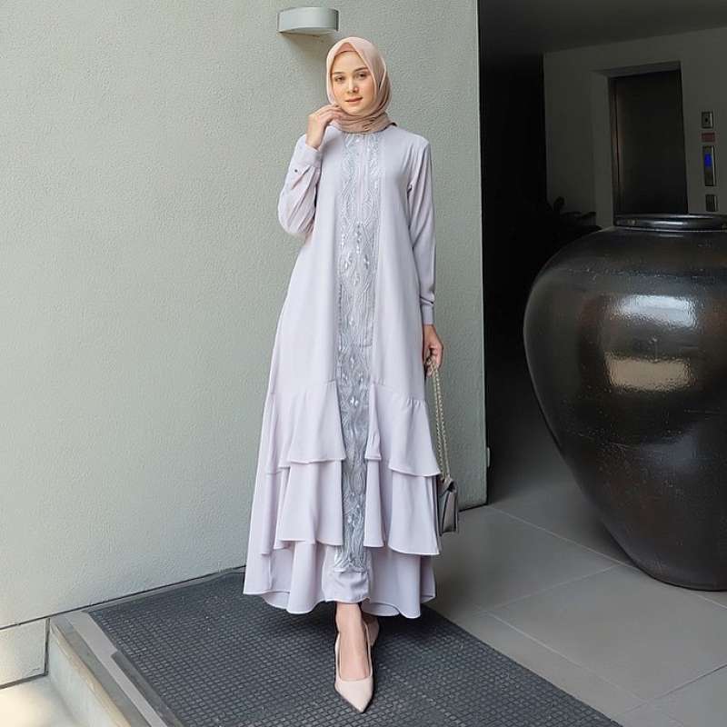 Baju Gamis Syari Wanita Ranai Maxi Dress Terbaru Dress Wanita Terlaris 2021 Gamis Moscrepe Busui Bordir Abu - Model gamis moscrepe terbaru