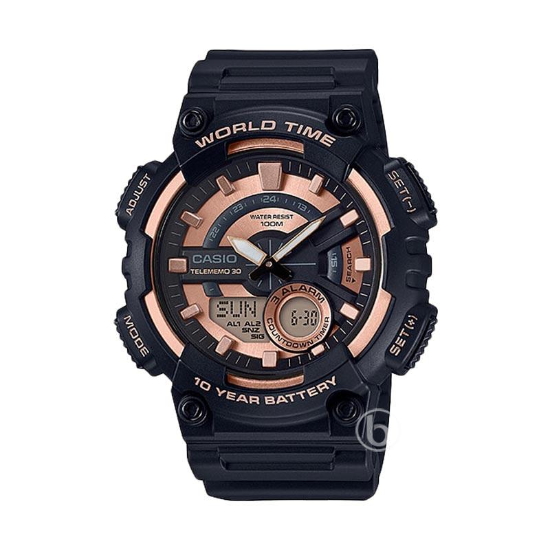 CASIO Telememo Sports Jam Tangan Pria [Original/ AEQ-110W] Black Rose Gold