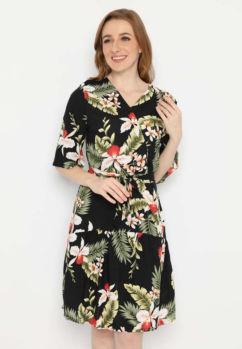 Promo Mineola Dress Wanita Rayon Printing Motif Bunga Diskon 37