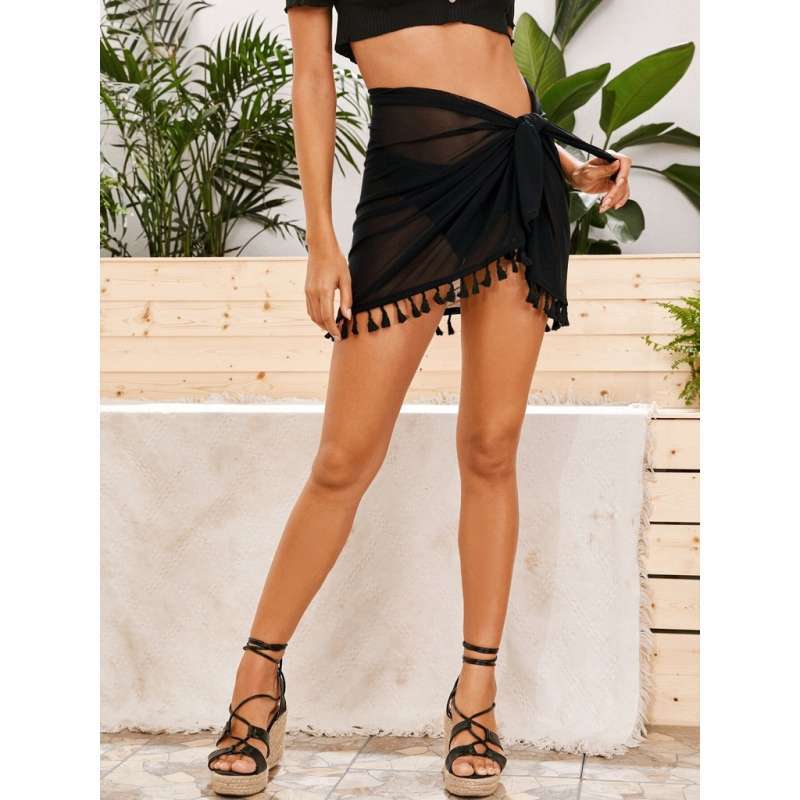 SHEIN Tie Side Tassel Hem Mesh Cover 