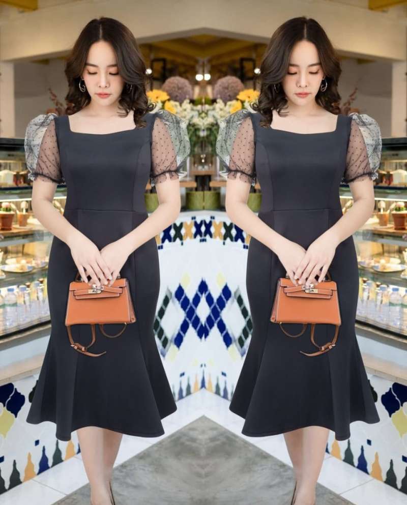 Promo Dress Scuba Wanita Model Mermaid Terbaru Lengan Puff Tile