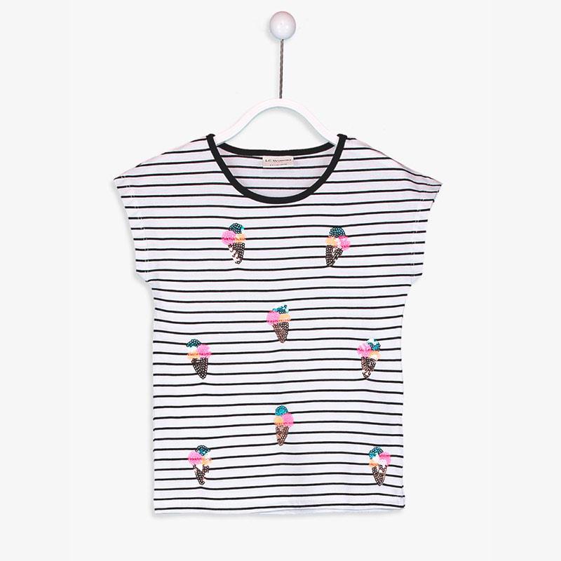 Jual Lc Waikiki Girl S Printed Cotton T Shirt Black Striped 9sg902z4 Murah Agustus 2020 Blibli Com