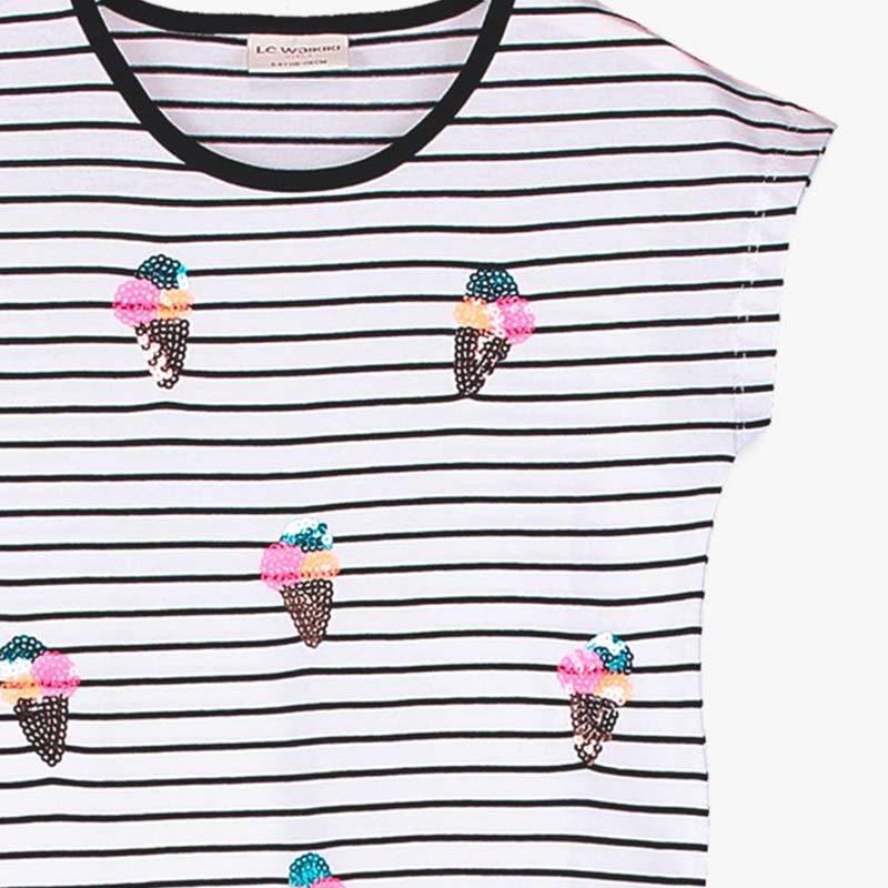 Jual Lc Waikiki Girl S Printed Cotton T Shirt Black Striped 9sg902z4 Murah Agustus 2020 Blibli Com