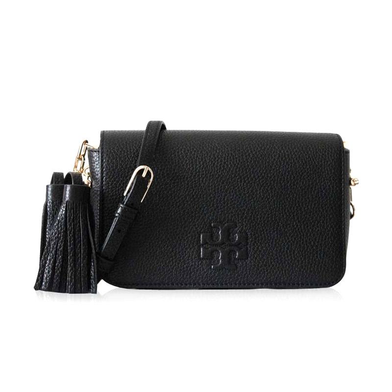 tas satchel Tory Burch Thea Web Small Satchel Black