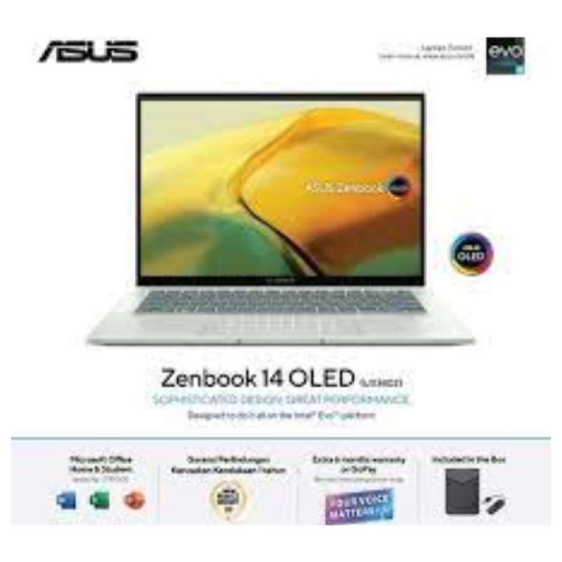 ASUS Zenbook 14 UX3402ZA-OLED752 dengan Intel® Core™ i7-1260P dan Intel® Iris Xe, layar sentuh 14″ Aqua Celadon, ideal untuk profesional bisnis