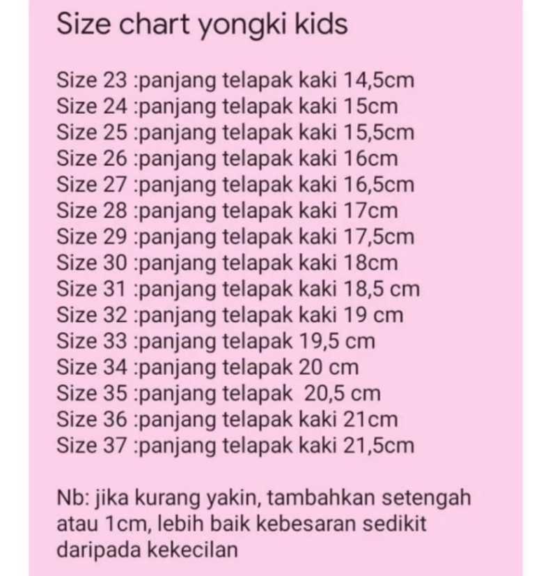 Size chart yongkidz clearance