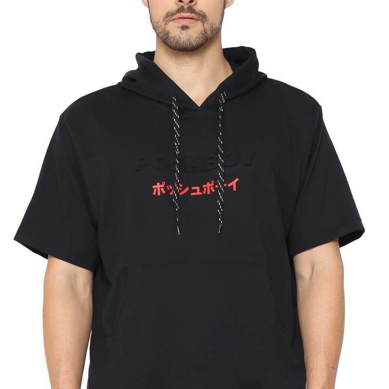 Promo Poshboy Aziel Black Kaos Hoodie Pria Lengan Pendek Print