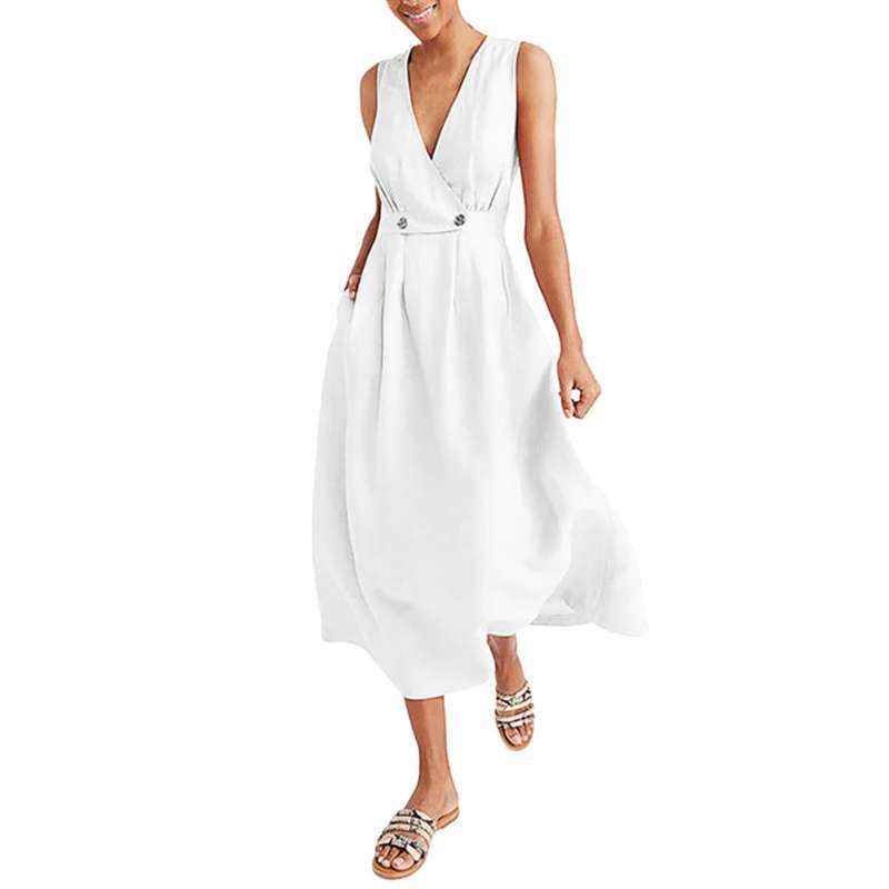 V Neck Sleeveless Buttons Maxi Dress 